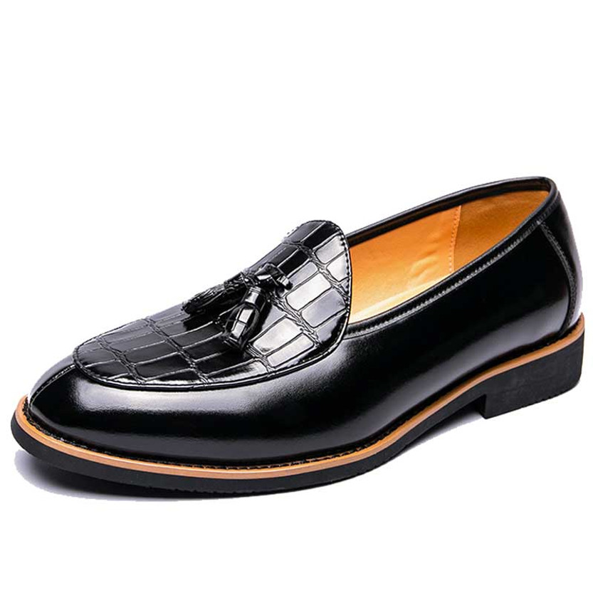 Men's black croc skin pattern tassel on top slip on dress shoe 01