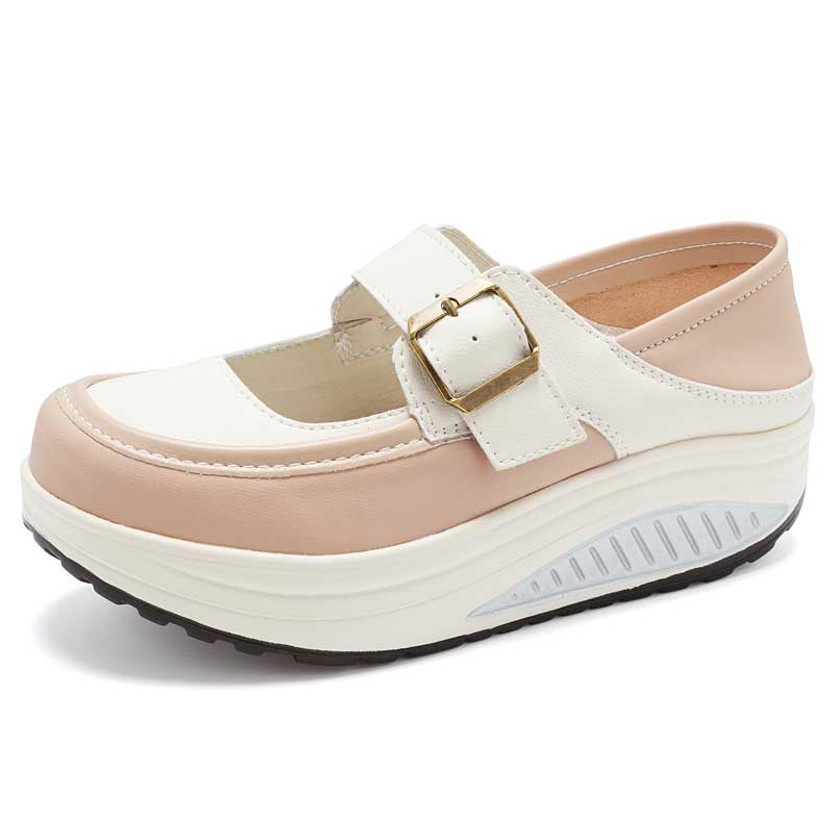 Women's brown retro buckle strap low cut slip on rocker bottom shoe 01