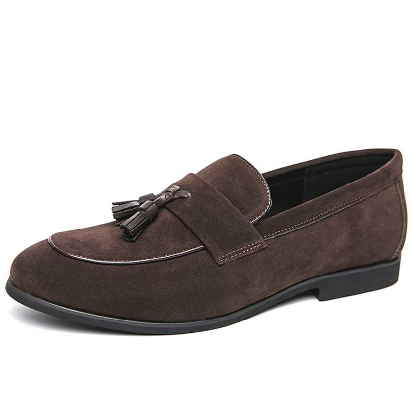 Men's brown nubuck tassel on penny slip on dress shoe 01