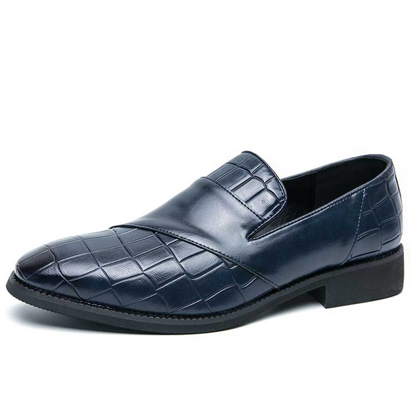 Men's blue retro panel accents croc skin pattern slip on dress shoe 01