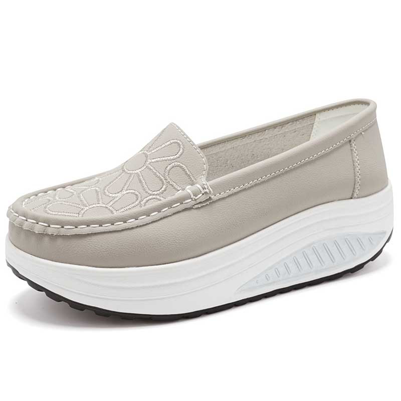 Women's grey floral accents pattern slip on rocker bottom shoe 01