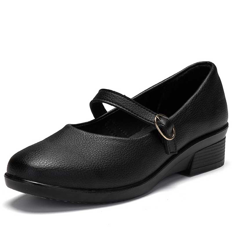 Women's black plain low cut buckle strap slip on heel shoe 01