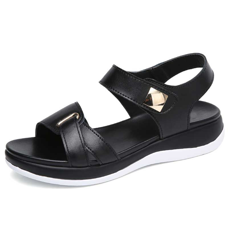 Women's black casual metal buckle velcro slip on shoe sandal 01