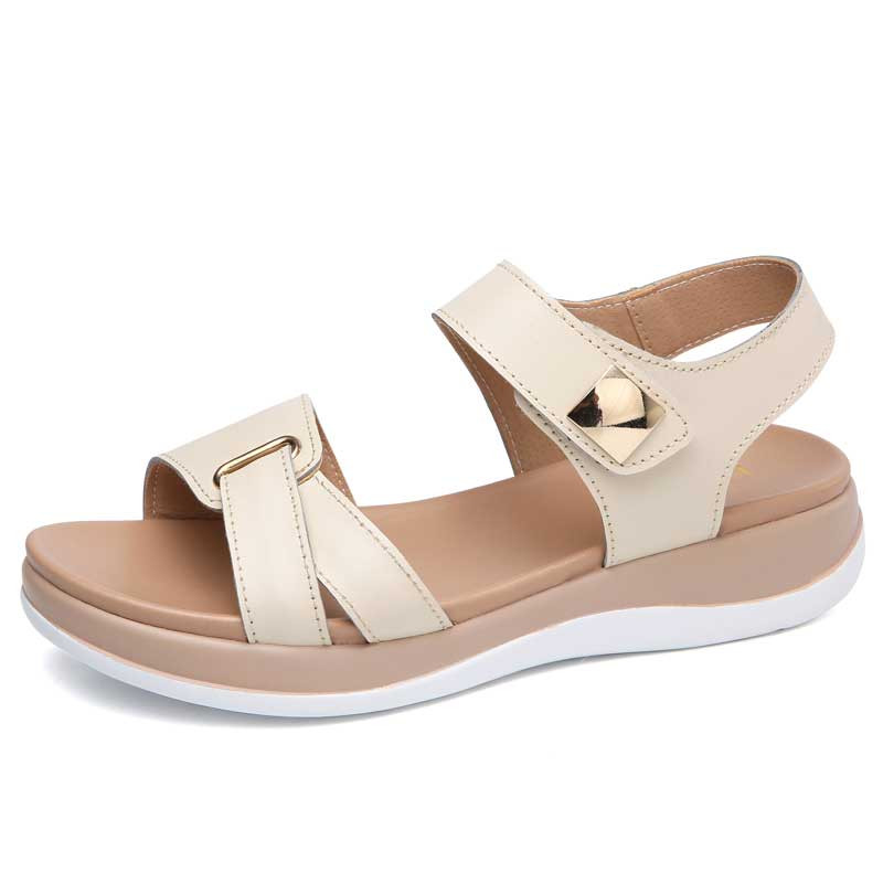 Women's beige casual metal buckle velcro slip on shoe sandal 01