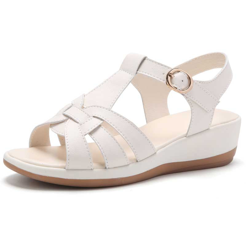 Women's beige casual accent strap cut out buckle shoe sandal 01