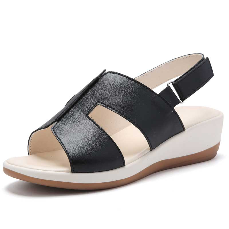 Women's black casual plain cut out velcro slip on shoe sandal 01