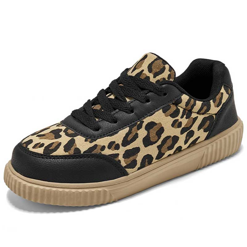 Women's black leopard pattern casual lace up shoe sneaker 01