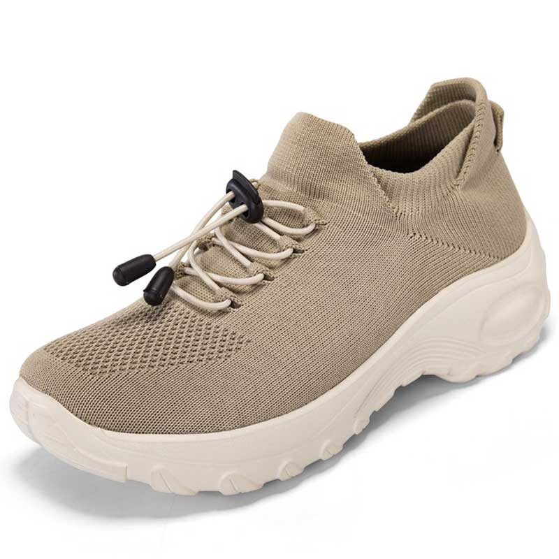Women's khaki flyknit drawstring sock like fit wide toe shoe sneaker 01