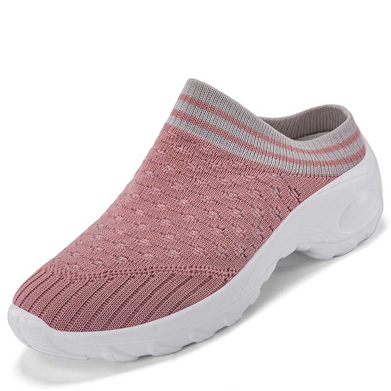 Women's pink flyknit stripe texture slip on rocker bottom shoe mule 01