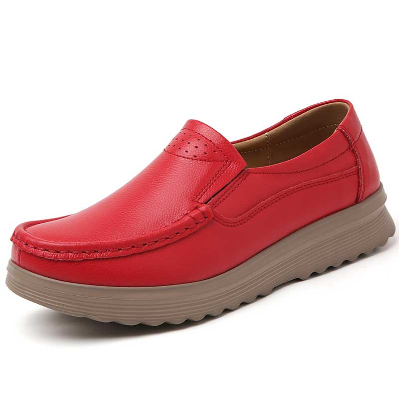 Women's red casual plain sewn accents slip on shoe loafer 01