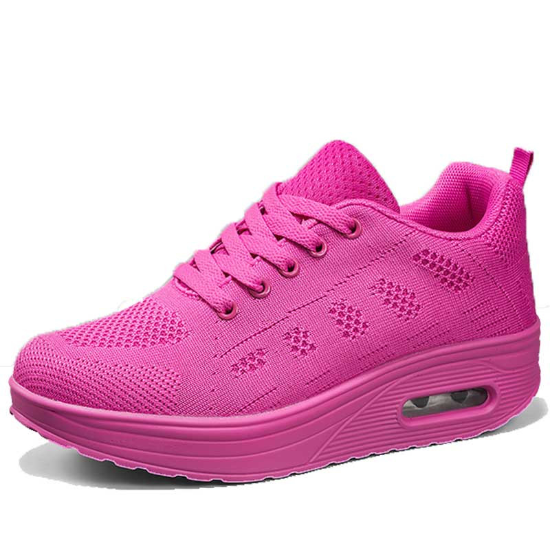 Women's pink red flyknit texture rocker bottom shoe sneaker 01