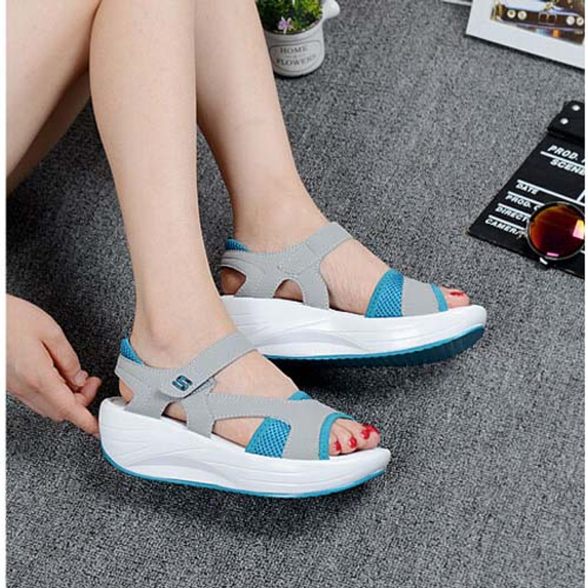 Blue leather velcro fastening rocker bottom shoe sandal | Womens shoes ...