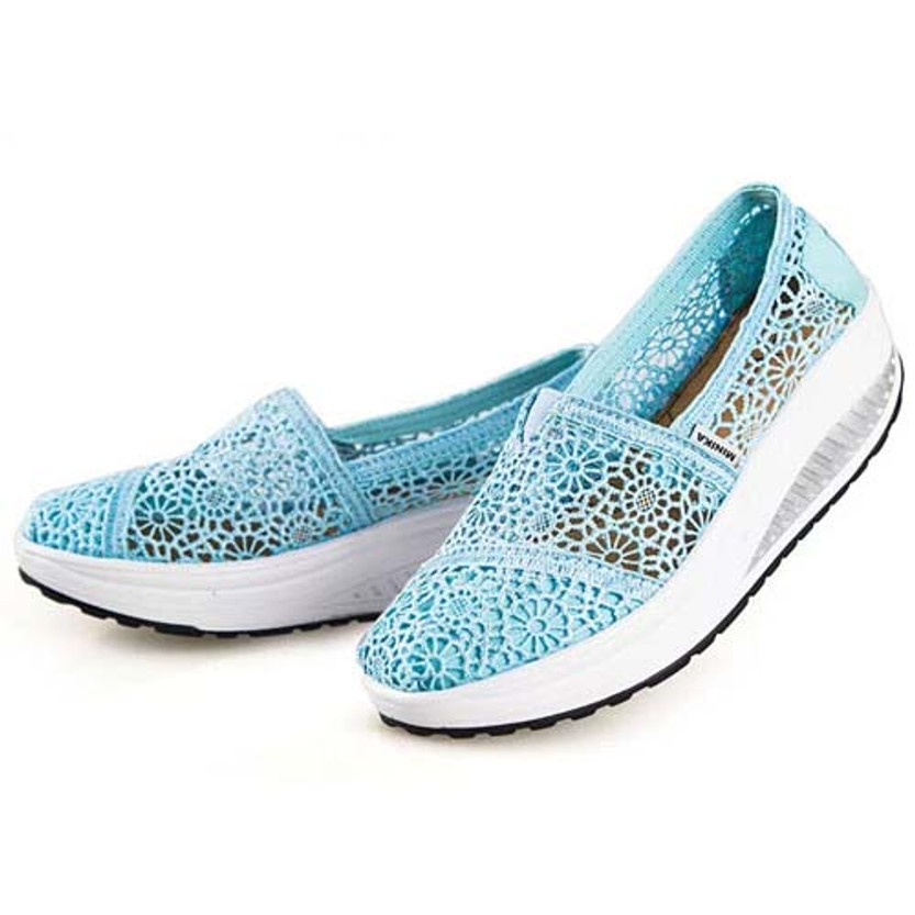 Blue lace hollow out slip on rocker bottom shoe | Womens shoes online ...
