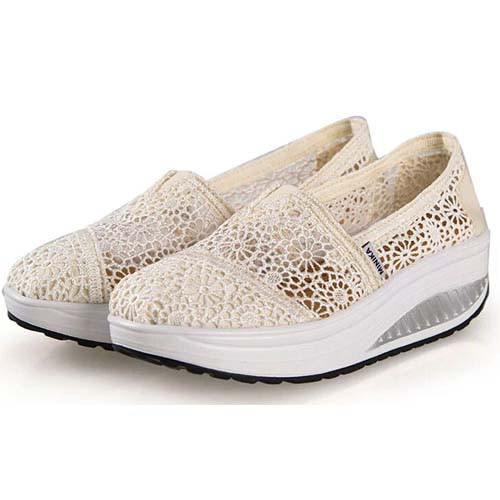Beige lace hollow out slip on rocker bottom shoe Womens shoes online