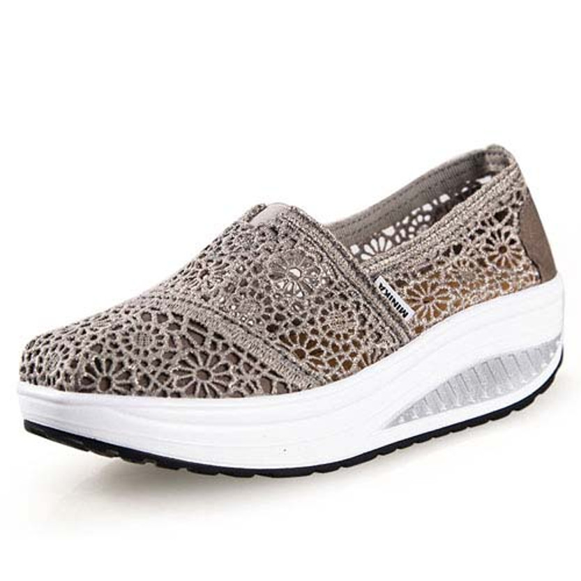 Grey lace hollow out slip on rocker bottom shoe 01