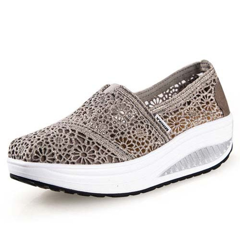 Grey lace hollow out slip on rocker bottom shoe | Womens shoes online ...