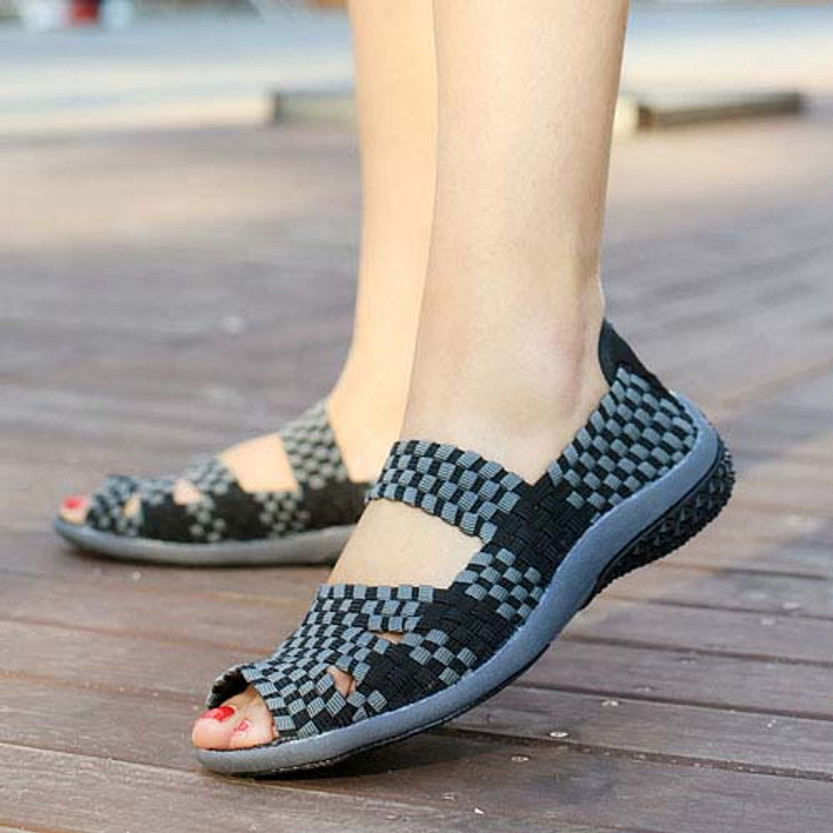 Black knitted check pattern leather slip on shoe sandal | Womens shoes ...