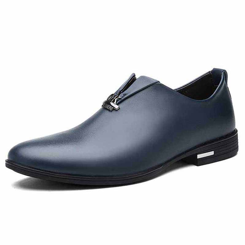 Blue metal design slip on leather oxford dress shoe 01