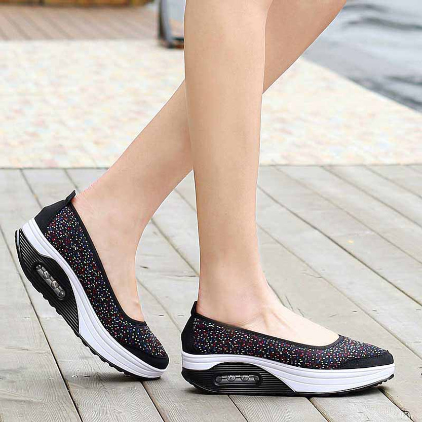 Black polka dot low cut slip on rocker bottom shoe sneaker | Womens ...