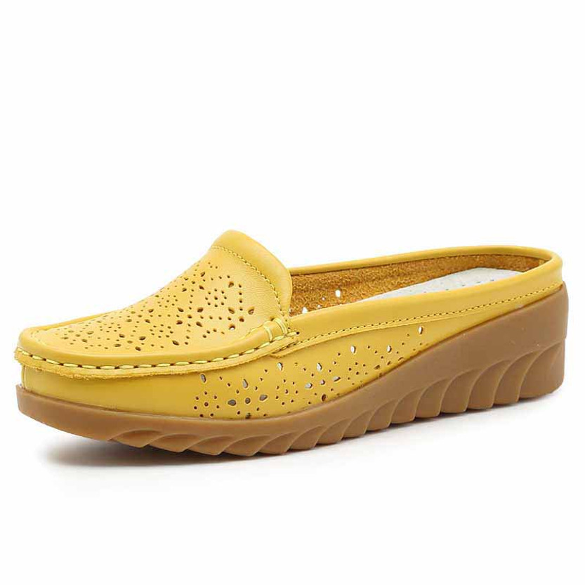 Yellow carving hollow cut leather slip on shoe loafer 01