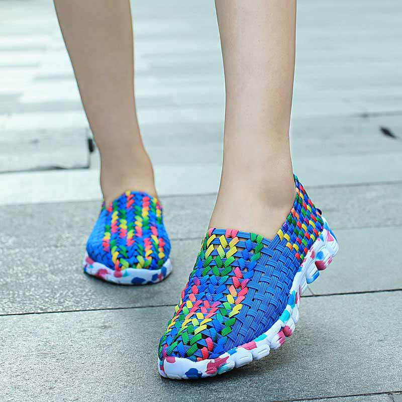 Blue multi color weave pattern slip on shoe sneaker