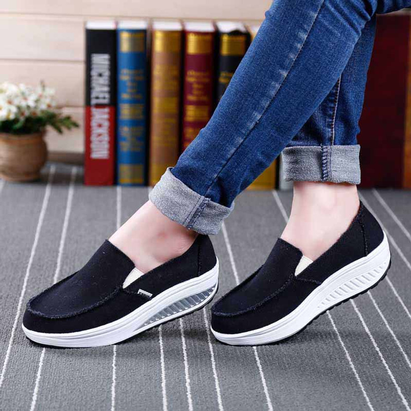 Black simple canvas slip on rocker bottom shoe sneaker | Womens rocker ...