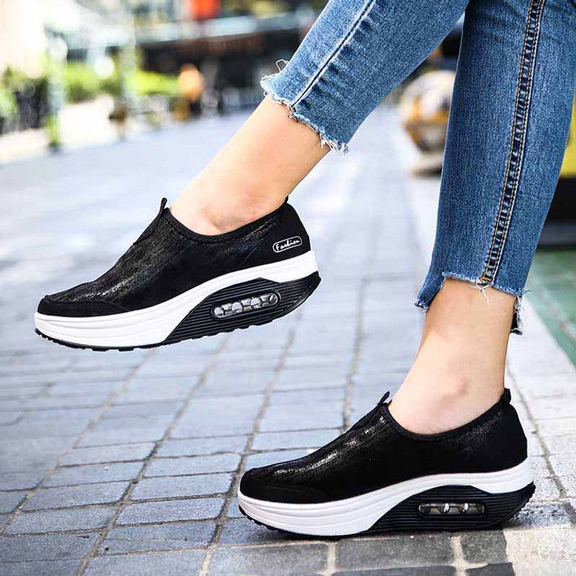Black leather slip on rocker bottom shoe sneaker | Womens rocker shoes ...