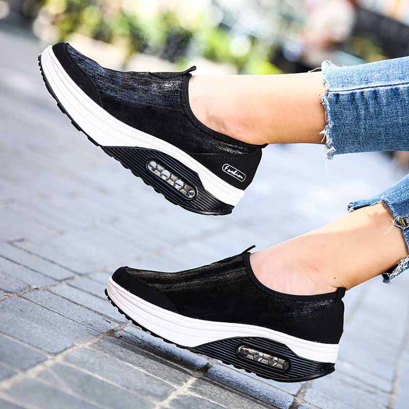 Black leather slip on rocker bottom shoe sneaker | Womens rocker shoes ...