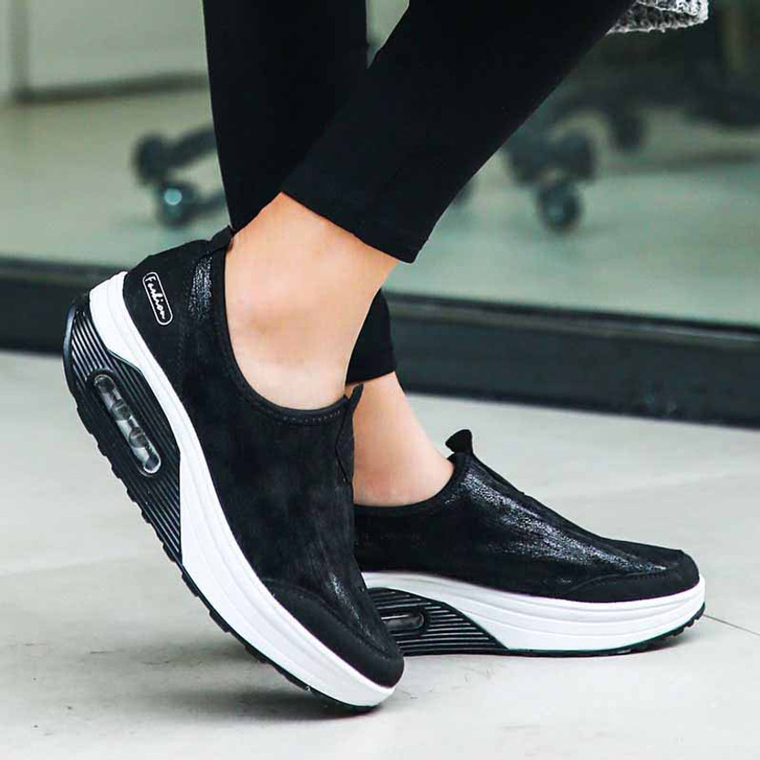 Black leather slip on rocker bottom shoe sneaker | Womens rocker shoes ...