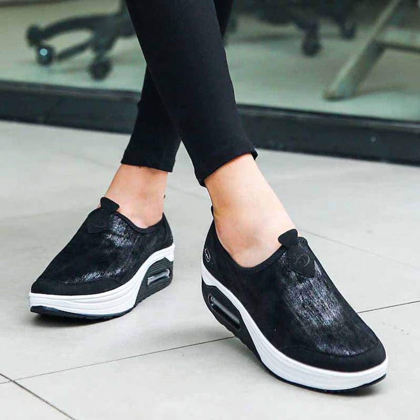 Black leather slip on rocker bottom shoe sneaker | Womens rocker shoes ...