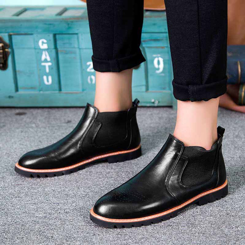 Black leather Brogue slip on dress shoe boot | Mens dress shoes online ...