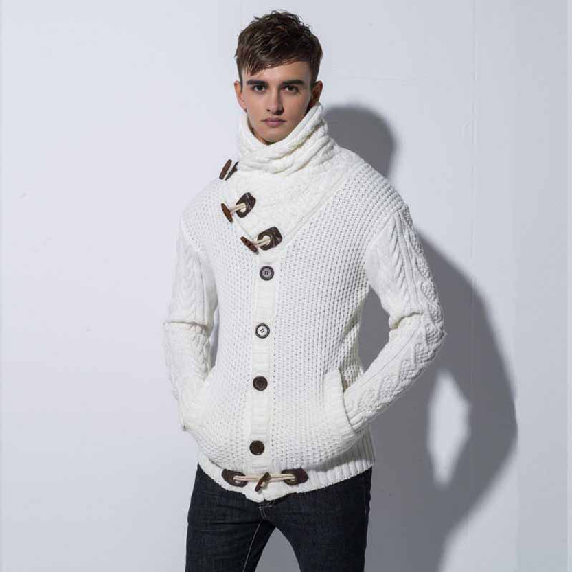 White high neck texture button long sleeve knit sweater | Mens sweaters ...