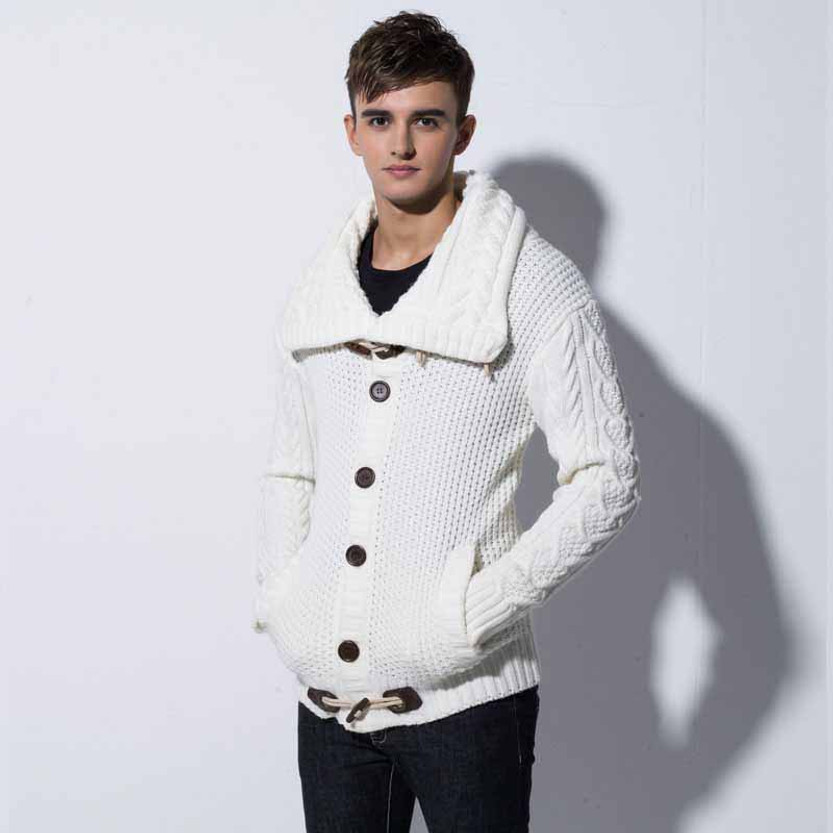 White high neck texture button long sleeve knit sweater | Mens sweaters ...