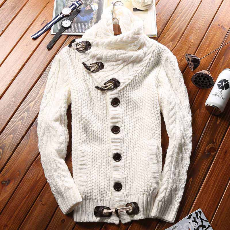 White high neck texture button long sleeve knit sweater Mens sweaters