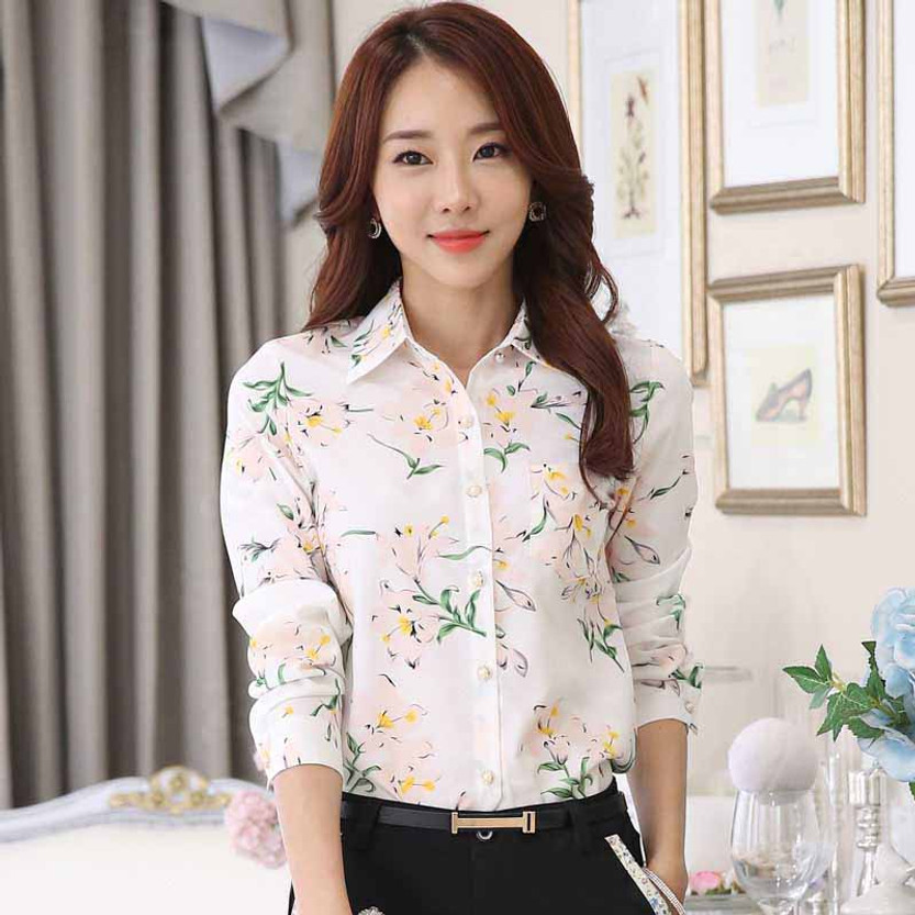 White floral pattern print long sleeve button shirt 01
