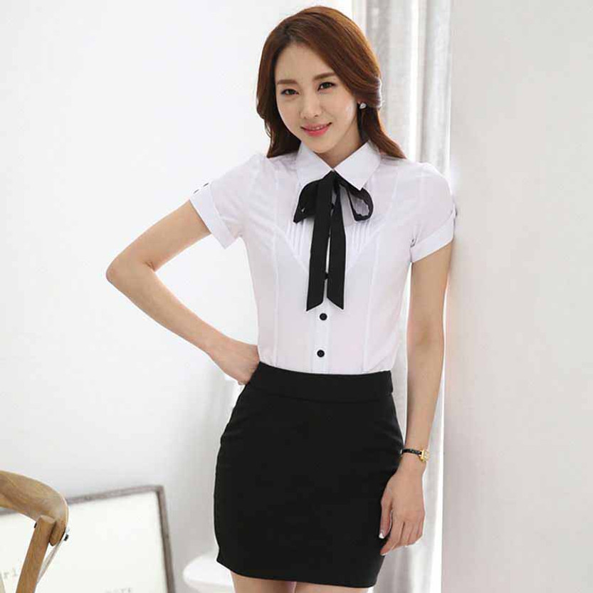 White pleated black necktie short sleeve button shirt 01