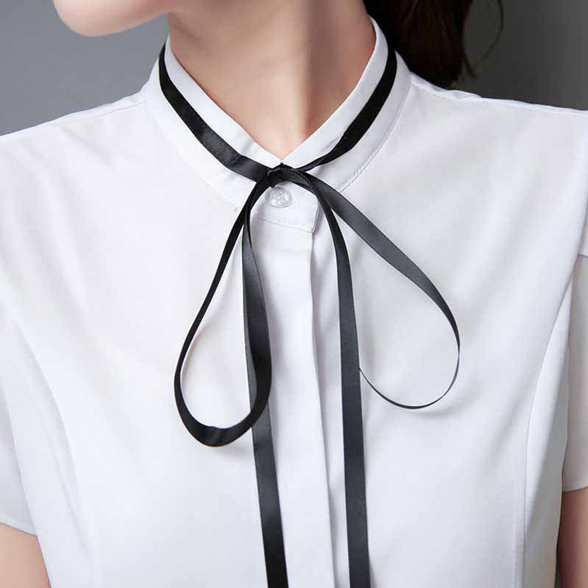 White pleated short sleeve shirt with neck tie | Womens tops shirts ...