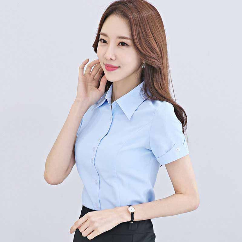 Blue simple plain color rolled short sleeve shirt | Womens tops shirts ...
