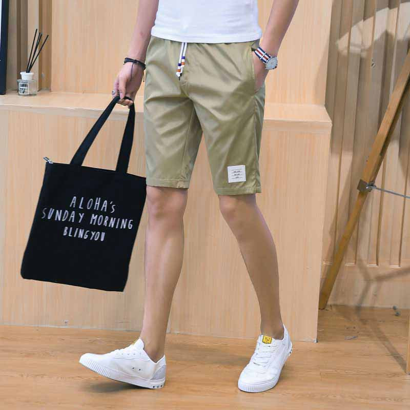 Khaki short casual label print elastic waist Mens shorts online 1007MP