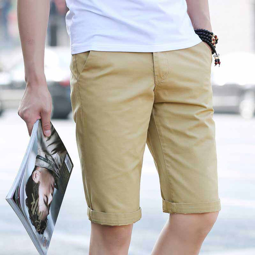 Khaki short casual plain color zip fly | Mens shorts online 1009MP