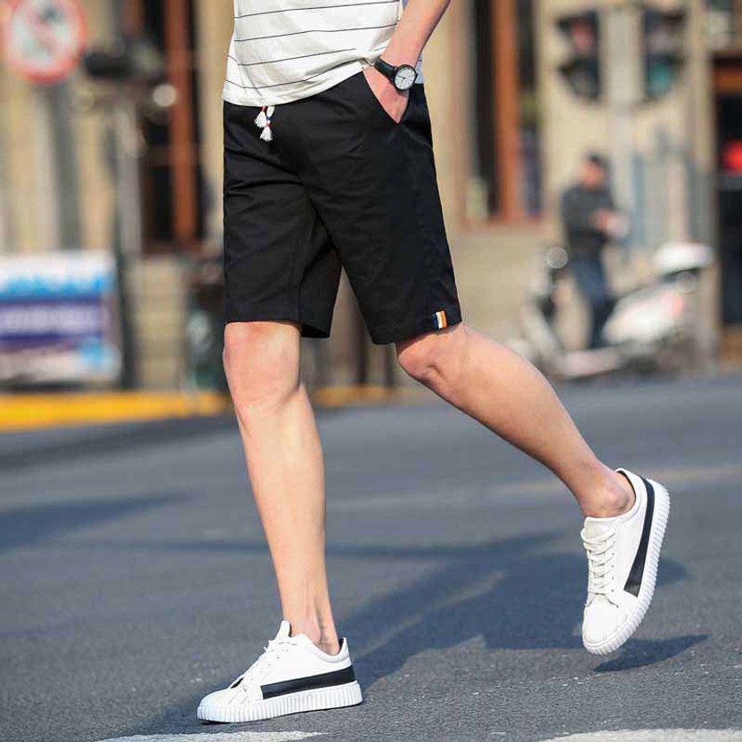 Black short casual color stripe elastic waist | Mens shorts online 1013MP