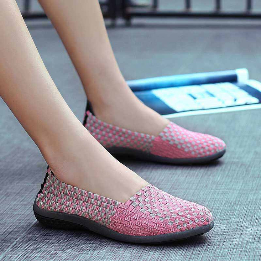 Pink check weave low cut slip on shoe sneaker Womens