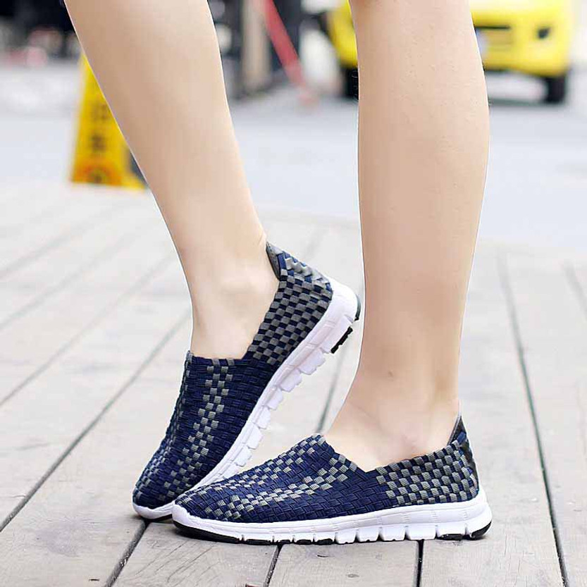 Navy check weave casual slip on shoe sneaker | Womens sneakers shoes ...