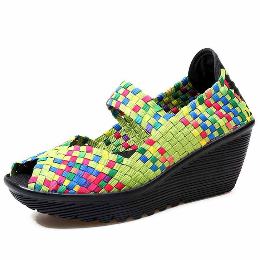 Green rainbow check weave slip on wedge shoe sandal 01