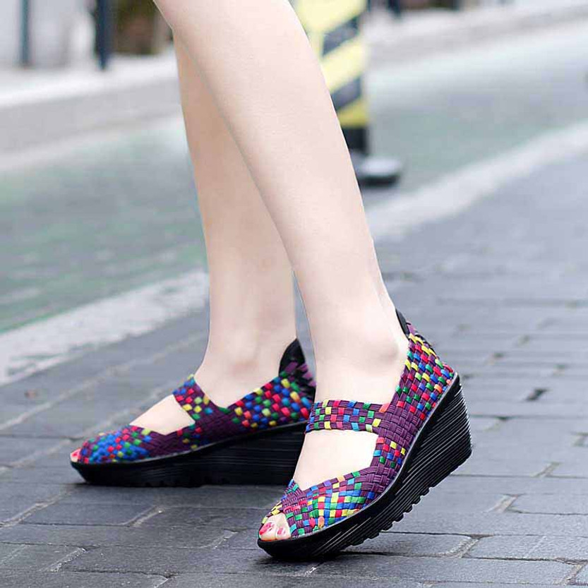 Purple rainbow check weave slip on wedge shoe sandal | Womens shoe ...