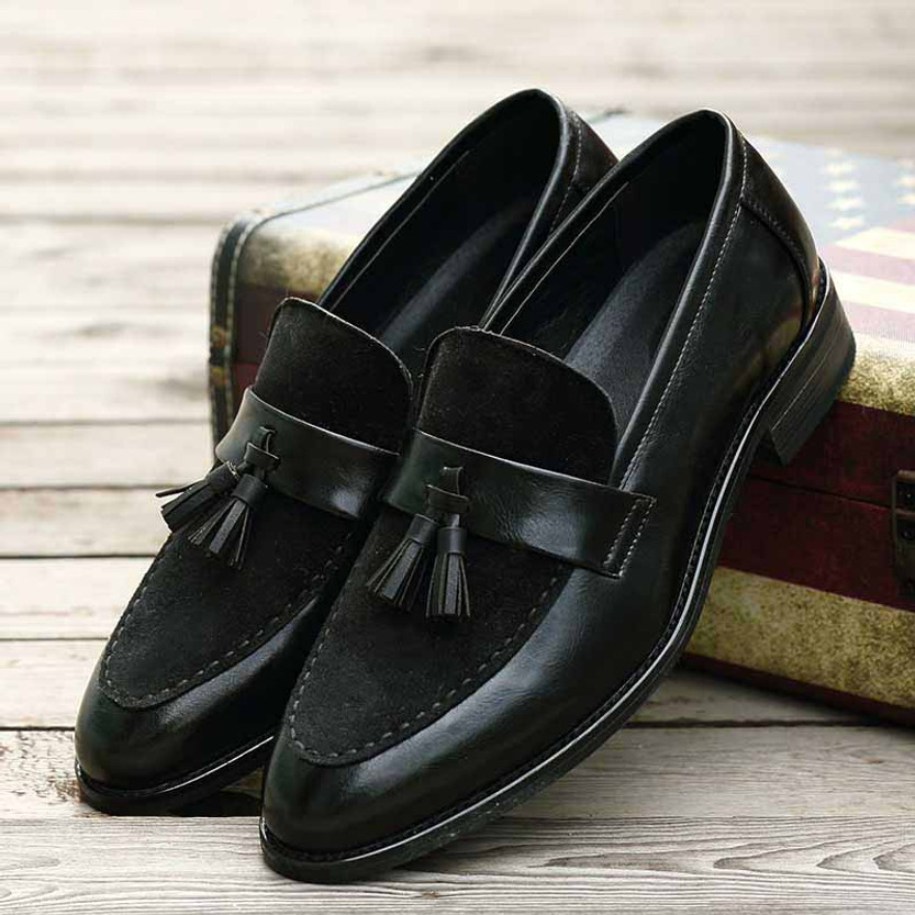 Black suede leather vamp tassel slip on dress shoe | Mens dress shoes ...