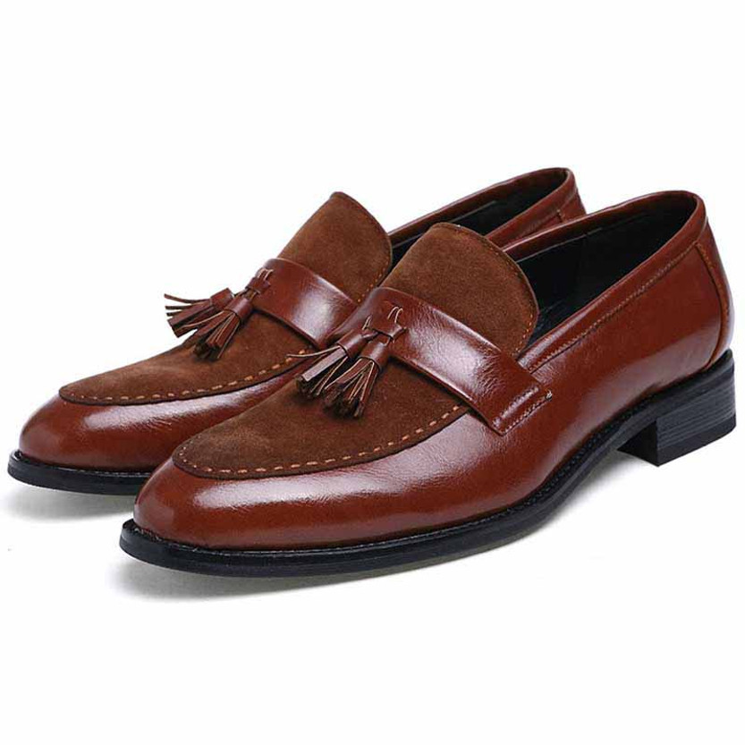 Brown suede leather vamp tassel slip on dress shoe | Mens dress shoes ...