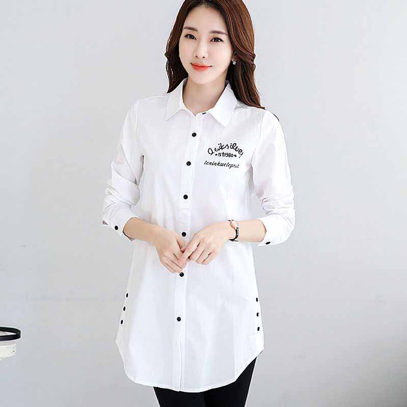 White loose style text print long sleeve button shirt 01