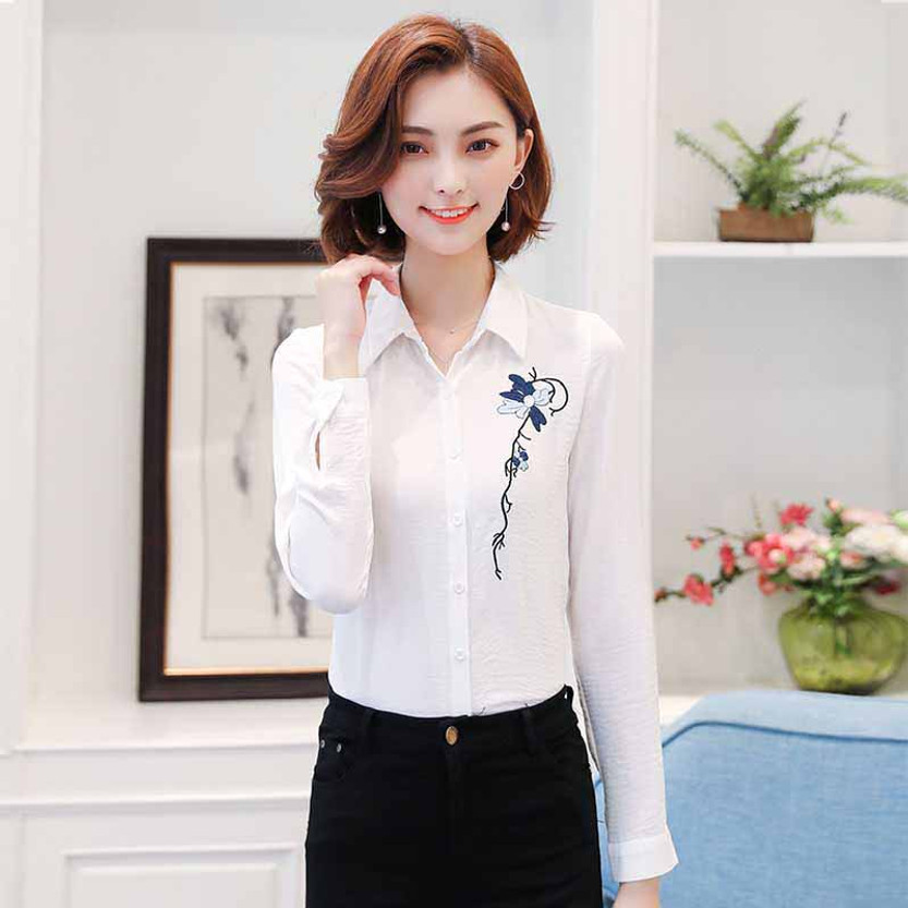 White floral pattern long sleeve button shirt 1123 01