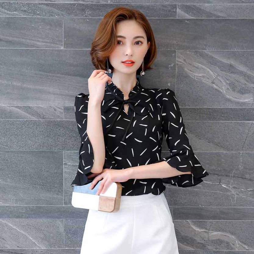 Black mini stripe pattern mid fluted sleeve shirt | Womens shirts ...